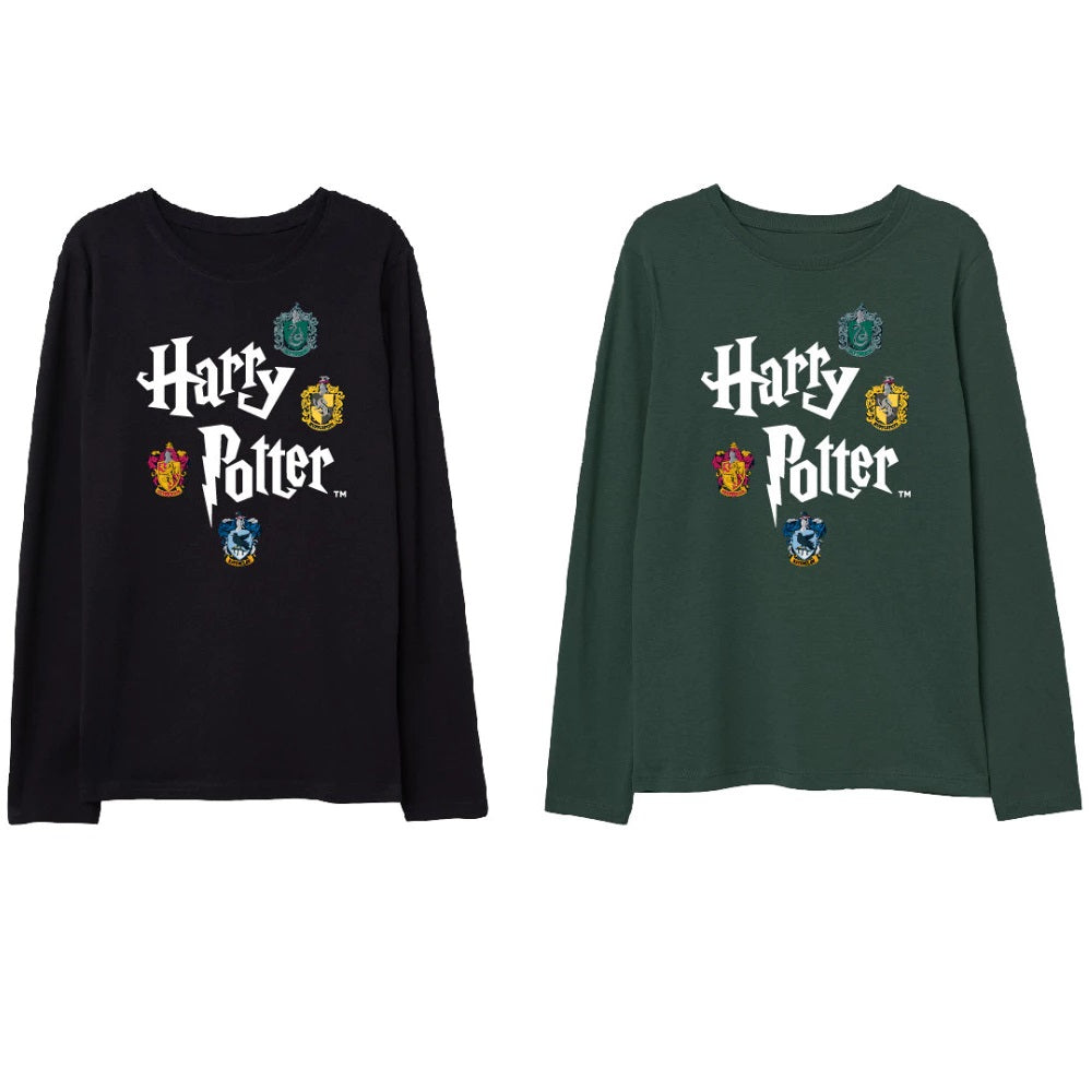 T-shirt manica lunga per bambini HARRY POTTER NERA O VERDE DA 4 A 9 ANNI